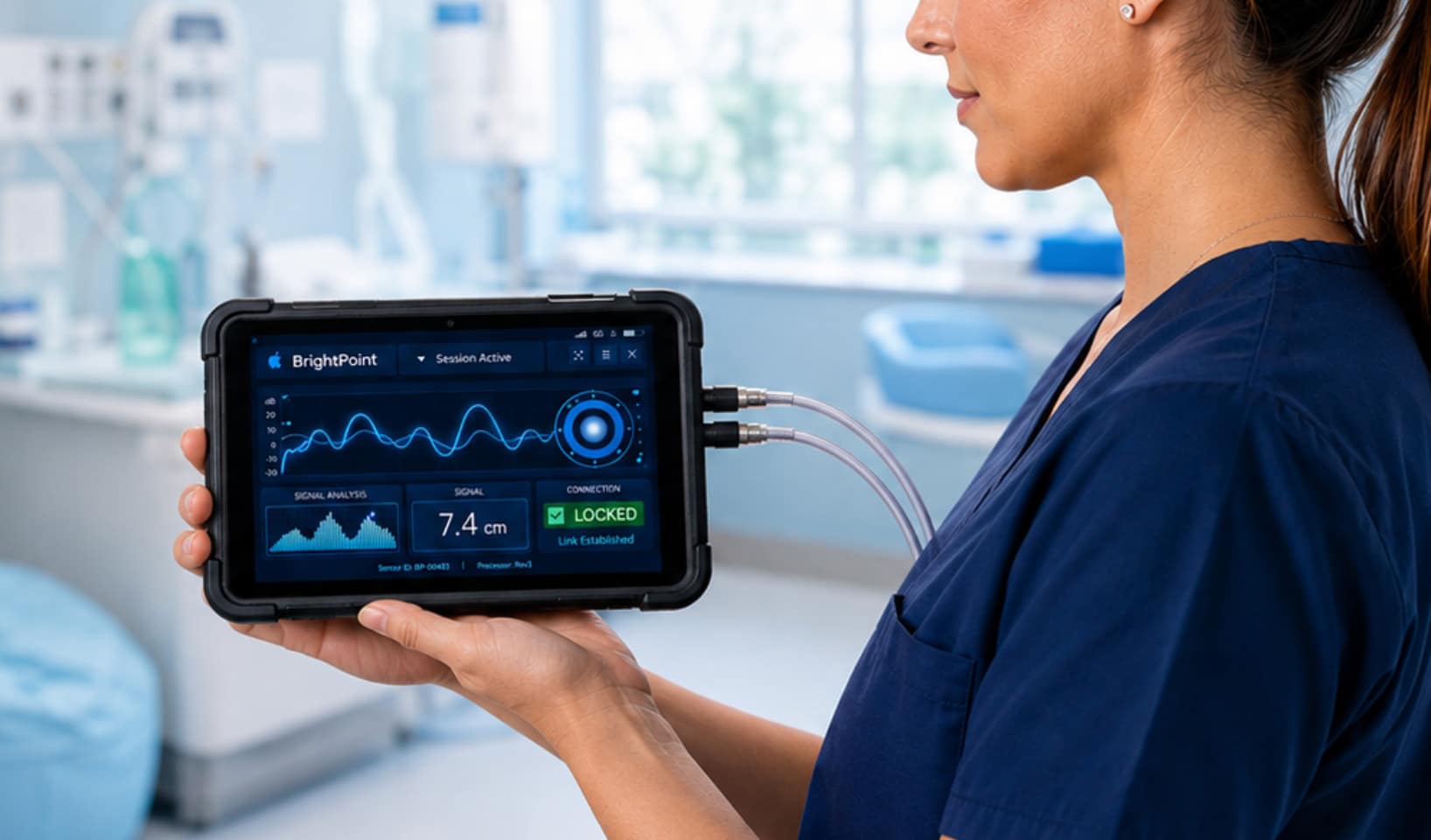 A medical professional wearing navy scrubs carrying a BrightPoint Epidural device